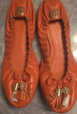 Tory Burch Orange Leather Tassel Ballet Flats with Gold Logo